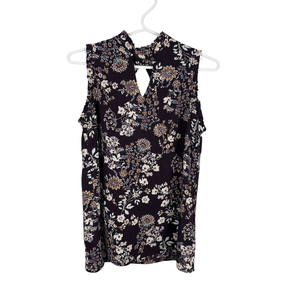 Faith and Joy by Monteau Floral Sleeveless Mock Neck Keyhole Blouse Purple S